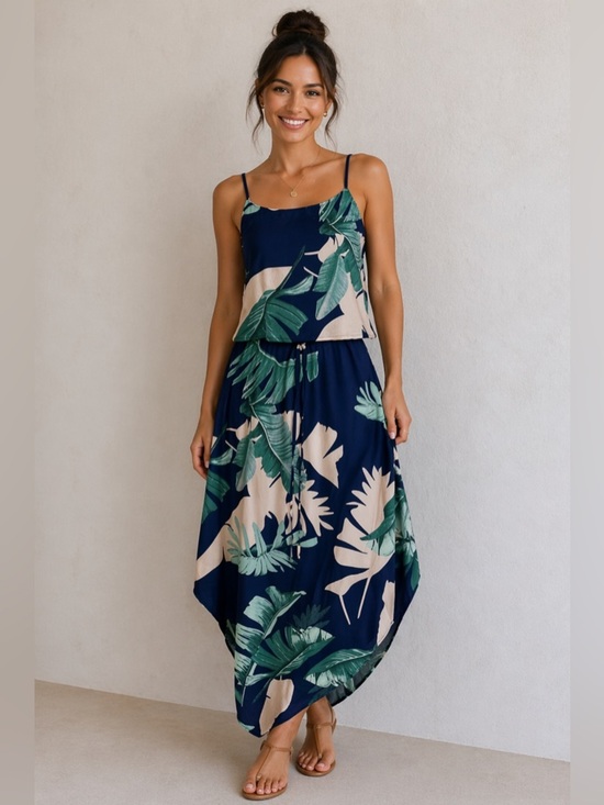 Qearal Dresses & Skirts - Summer Adjustable Spaghetti Strap Ruffle Split Beach Tropical  Maxi Dress Small